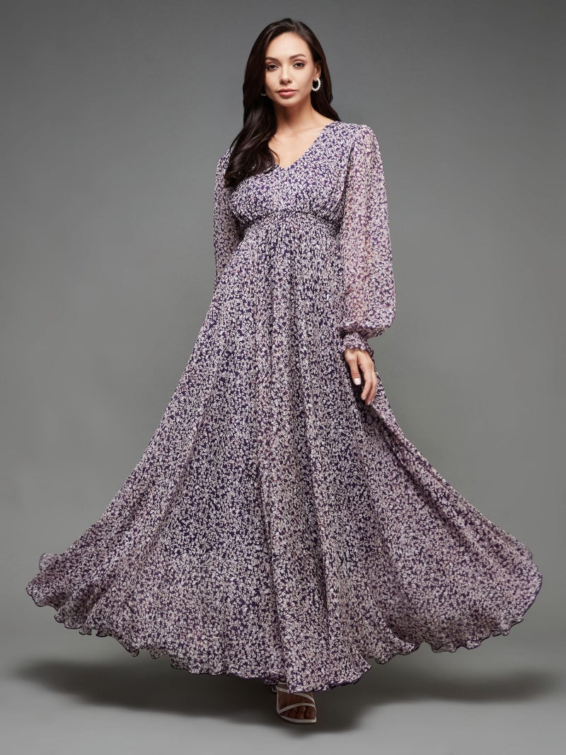 Miss Chase Women's V-Neck Bishop Sleeve Floral Gathered Chiffon Maxi Dress (MCSS25D93-23-190-06, Multicolored Base Purple, XL) - Image 3
