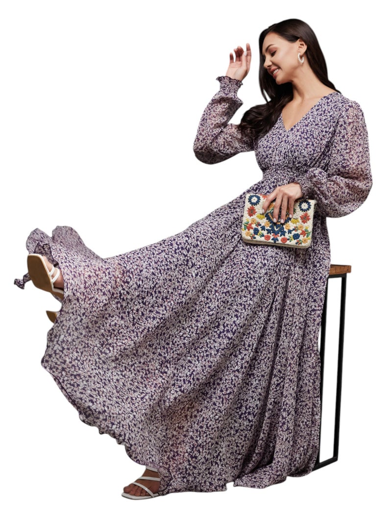 Miss Chase Women's V-Neck Bishop Sleeve Floral Gathered Chiffon Maxi Dress (MCSS25D93-23-190-06, Multicolored Base Purple, XL) - Image 1