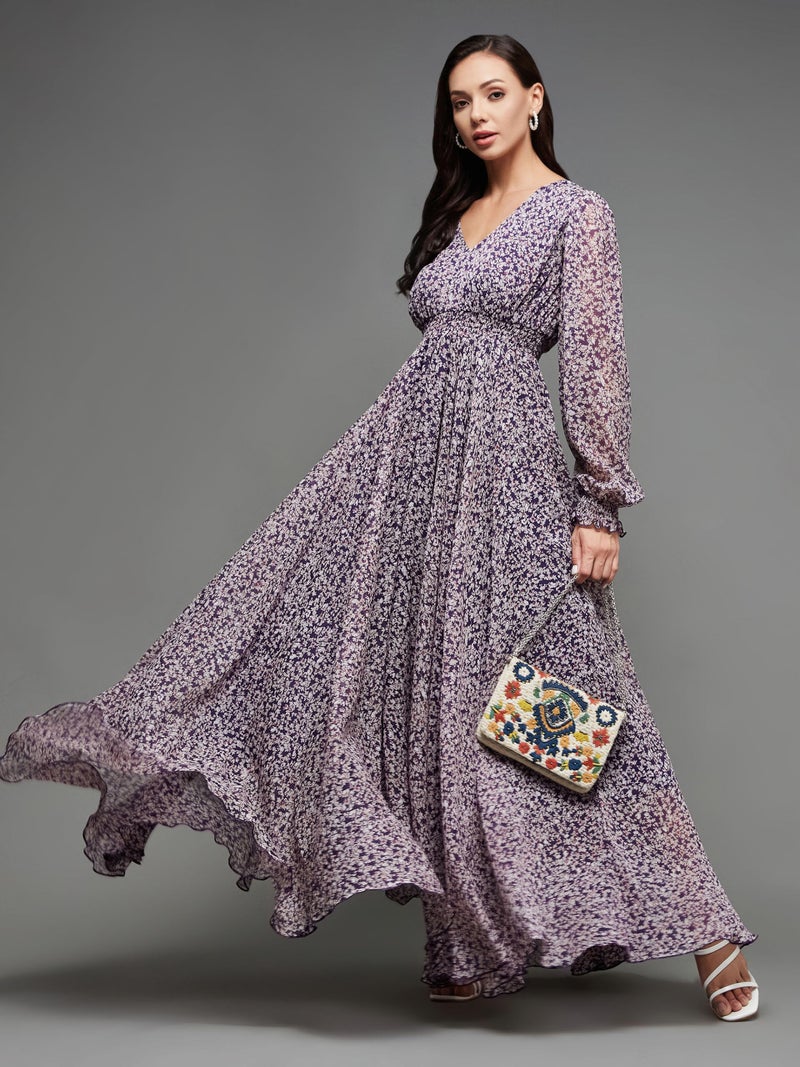 Miss Chase Women's V-Neck Bishop Sleeve Floral Gathered Chiffon Maxi Dress (MCSS25D93-23-190-06, Multicolored Base Purple, XL) - Image 4