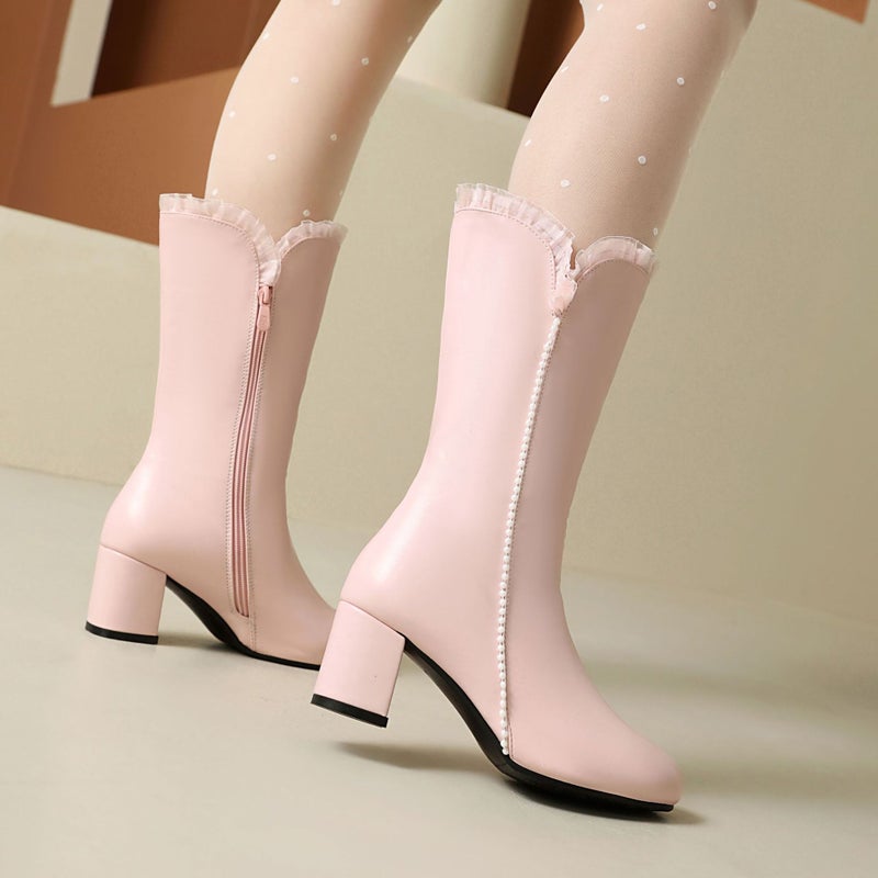 Thick Heel Boots 33-43 Size Code Fashion High Heel Calf Boots For Women - Image 5
