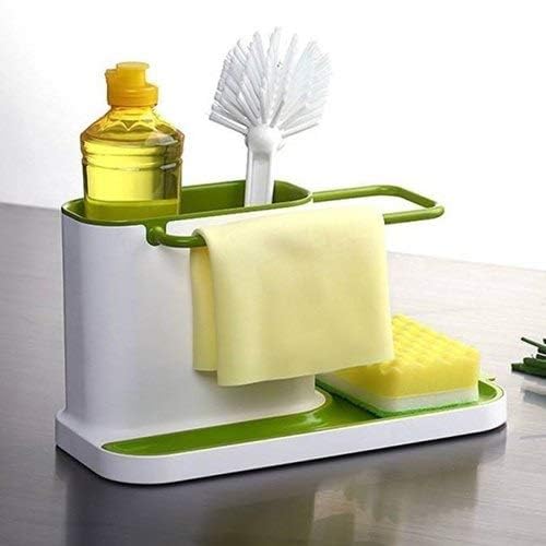DIKSUL 3 in 1 Kitchen Sink Organiser Dish Wash Drainer Wall Mounted Stand with Sopnge Cloths Soap Holder Plastic Kitchen Sink Caddy Random Color - Image 1