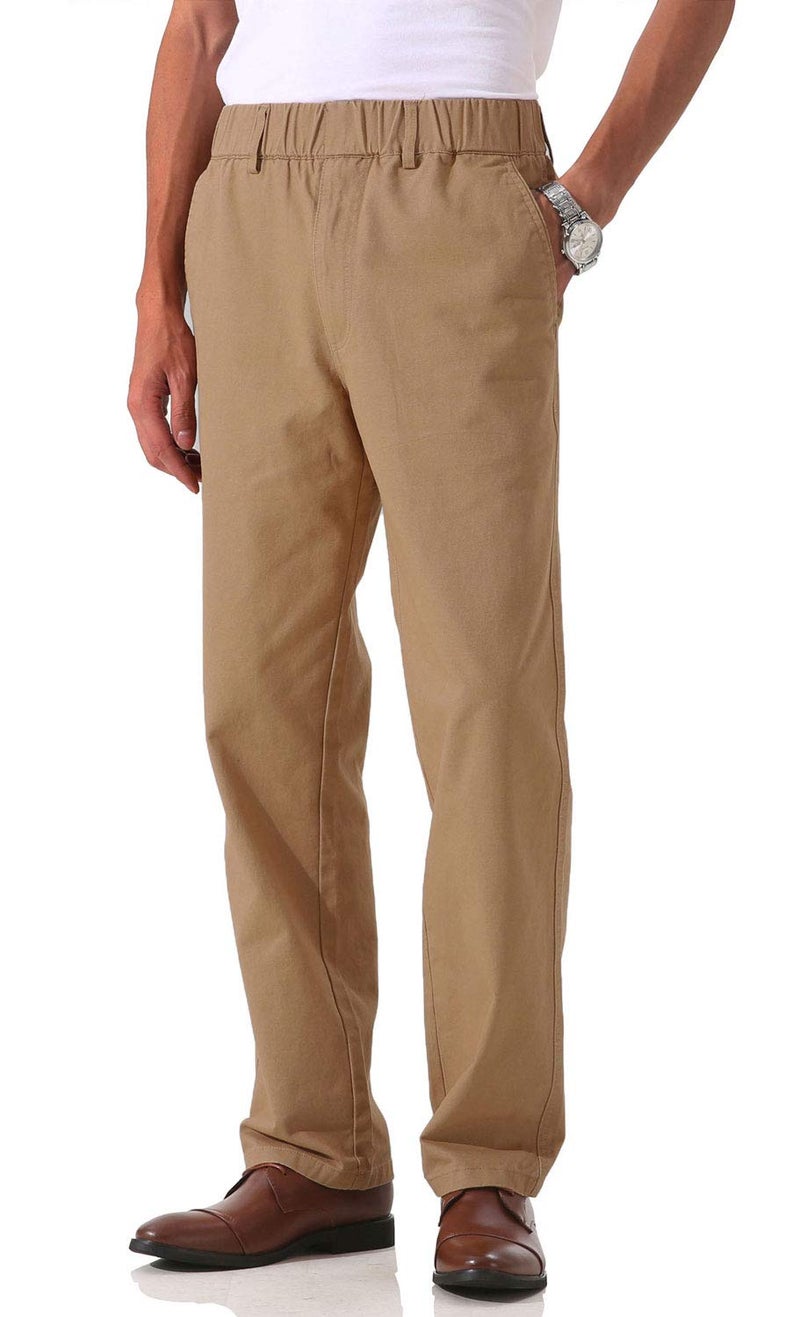 Soojun Mens Cotton Relaxed Fit Full Elastic Waist Twill Pants Dark Khaki 36W x 30L
