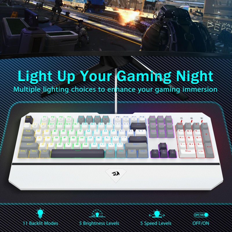 Redragon Mechanical Gaming Keyboard Wired, Light Up Backlit, Linear Switches, 104 Keys Anti-Ghosting, Big Wrist Rest, Metal Frame, Durable Keycaps for Computer PC Mac Xbox Gamers - Image 3