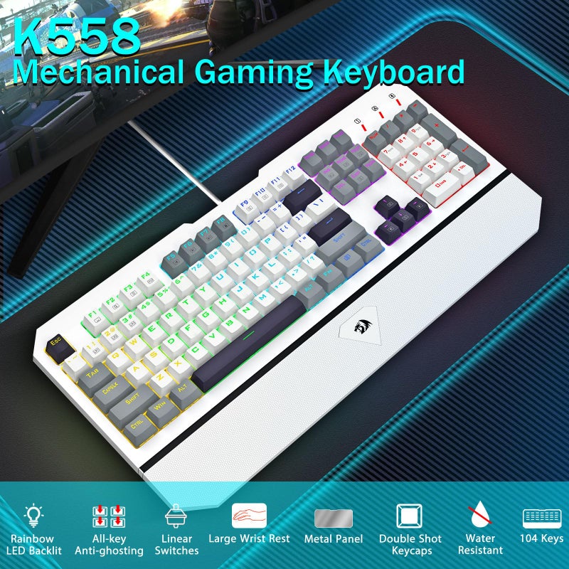 Redragon Mechanical Gaming Keyboard Wired, Light Up Backlit, Linear Switches, 104 Keys Anti-Ghosting, Big Wrist Rest, Metal Frame, Durable Keycaps for Computer PC Mac Xbox Gamers - Image 2