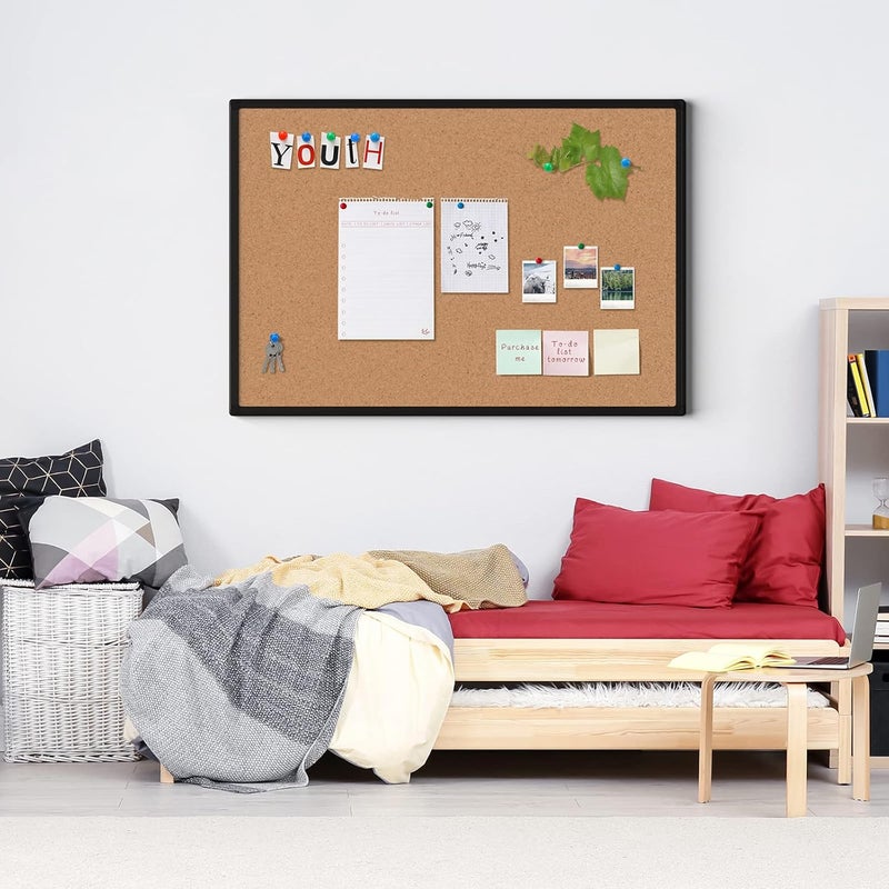 Board2by Cork Board Bulletin Board 20 x 30, Black Aluminium Framed Corkboard, Office Board for Wall Cork, Large Wall Mounted Notice Pin Board with 16 Push Pins for School, Home & Office - Image 2