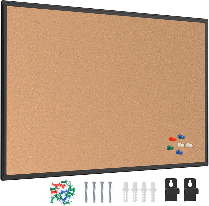 Board2by Cork Board Bulletin Board 20 x 30, Black Aluminium Framed Corkboard, Office Board for Wall Cork, Large Wall Mounted Notice Pin Board with 16 Push Pins for School, Home & Office - Image 1