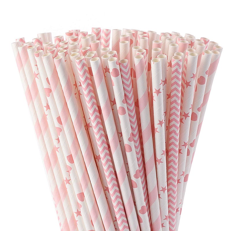 ALINK Biodegradable Pink Paper Straws Pack of 100 Party Straws for Juice Cocktail Smoothies Birthday Wedding BridalBaby Shower and Christmas Decorations
