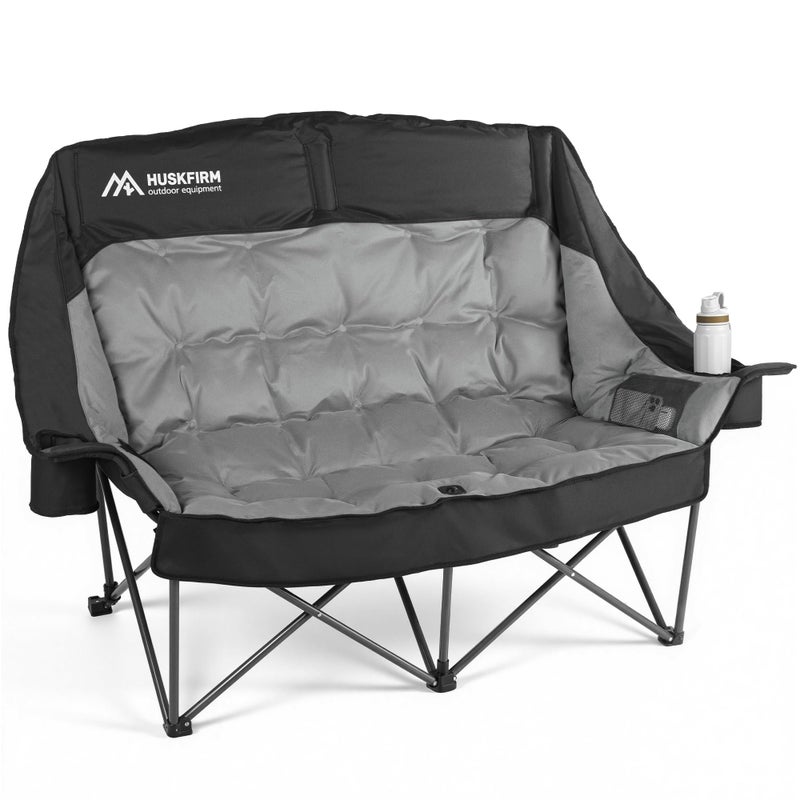 Huskfirm High Back Double Camping Chair 2 Person Camping Chair Low Seat Loveseat Camping Chair Fully Padded Oversized Camping Couch for Adults - Supports 650 LBS with Cup Holders Carry Bag - Black - Image 1