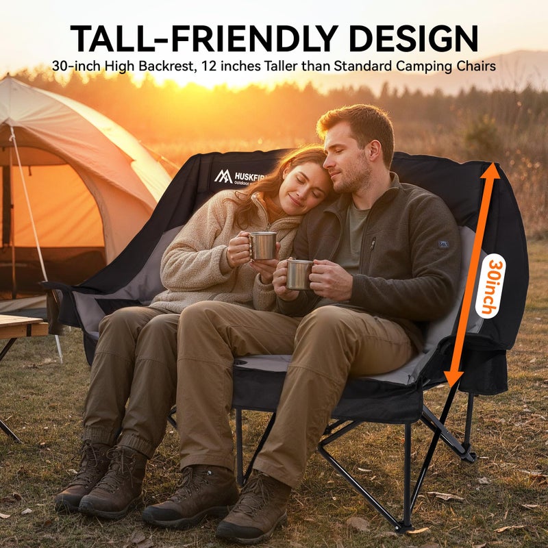 Huskfirm High Back Double Camping Chair 2 Person Camping Chair Low Seat Loveseat Camping Chair Fully Padded Oversized Camping Couch for Adults - Supports 650 LBS with Cup Holders Carry Bag - Black - Image 2