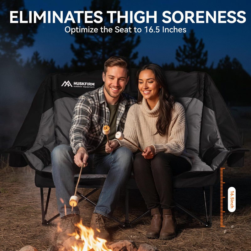 Huskfirm High Back Double Camping Chair 2 Person Camping Chair Low Seat Loveseat Camping Chair Fully Padded Oversized Camping Couch for Adults - Supports 650 LBS with Cup Holders Carry Bag - Black - Image 3