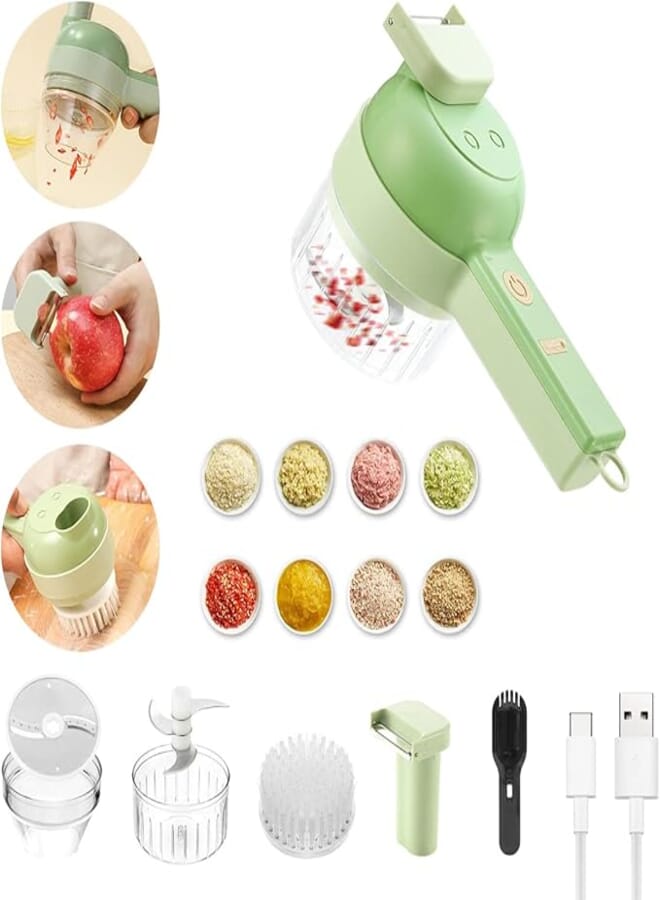 Shker 4 in 1 Handheld Electric Vegetable Cutter Set, Electric Garlic Mud Masher Food Chopper, Portable Mini Wireless Food Processor with Cleaning Brush for Garlic Pepper Chili Onion Celery Ginger Meat