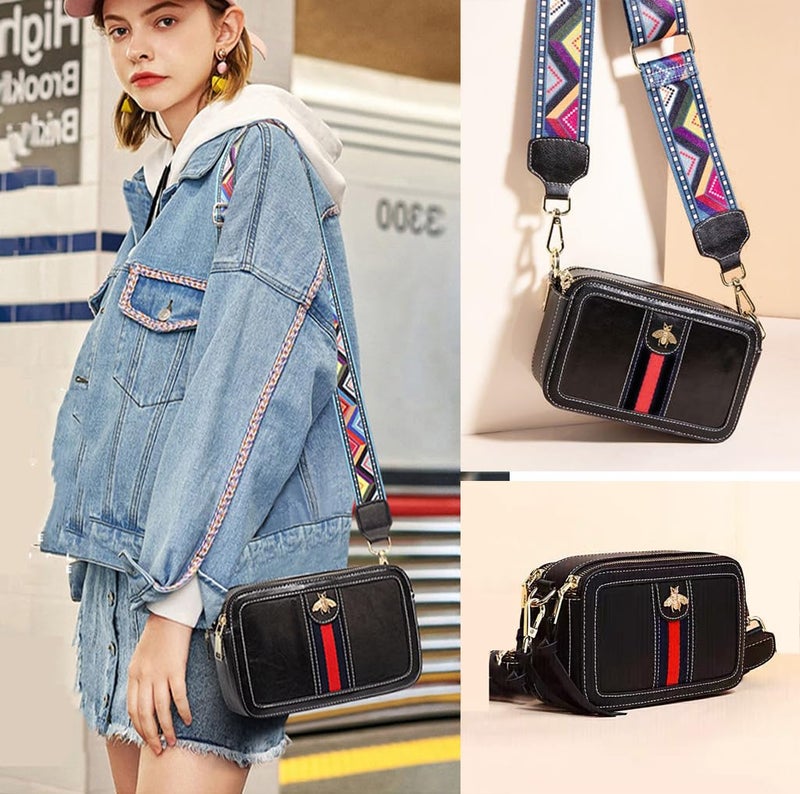 Beatfull Designer Crossbody Bag Bee Shoulder Purse for Women Trendy Wide Strap Camera Clutch PU Leather Handbag Black - Image 5