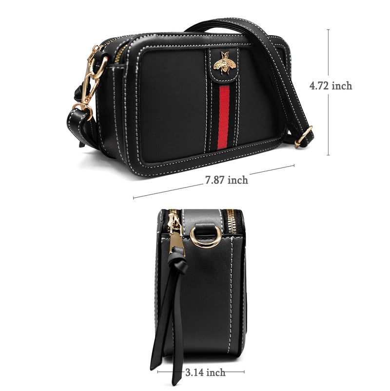Beatfull Designer Crossbody Bag Bee Shoulder Purse for Women Trendy Wide Strap Camera Clutch PU Leather Handbag Black - Image 2