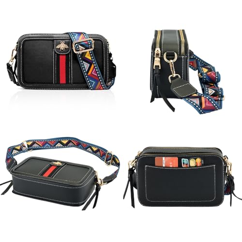 Beatfull Designer Crossbody Bag Bee Shoulder Purse for Women Trendy Wide Strap Camera Clutch PU Leather Handbag Black - Image 3