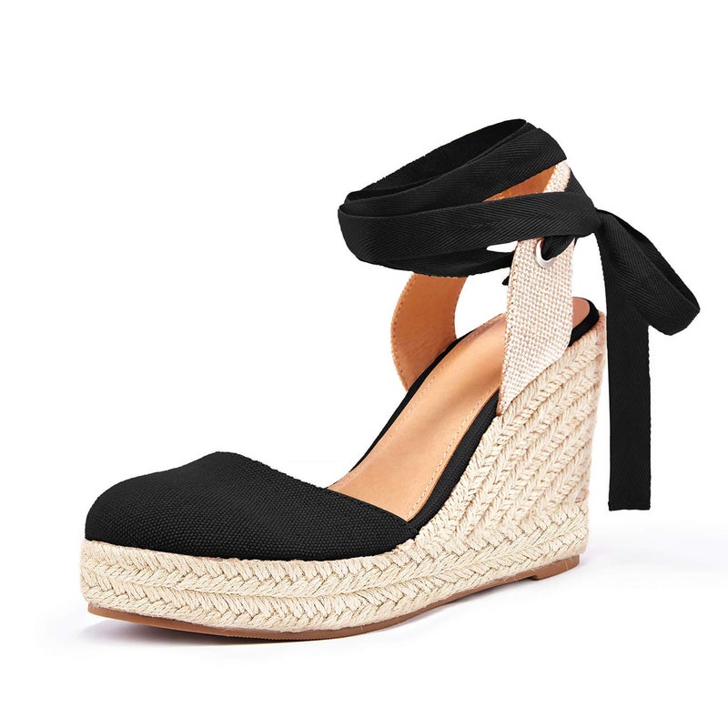 FISACE Womens Summer Lace Up Espadrilles Wedge Sandals Closed Toe Ankle Strap Platform Shoes - Image 1