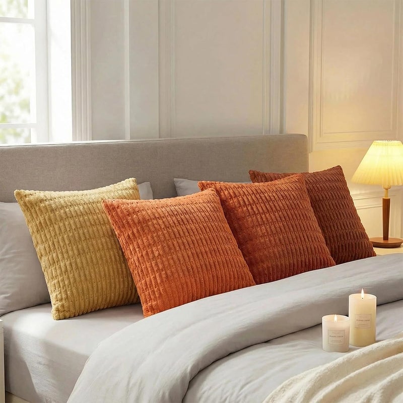 Fancy Homi Set of 4 Burnt Orange Fall Decorative Throw Pillow Covers 14x14 Inch for Couch Bed Chair, Modern Farmhouse Boho Room Decor, Soft Fuzzy Corduroy Textured Striped Cushion Case 35cm - Image 3