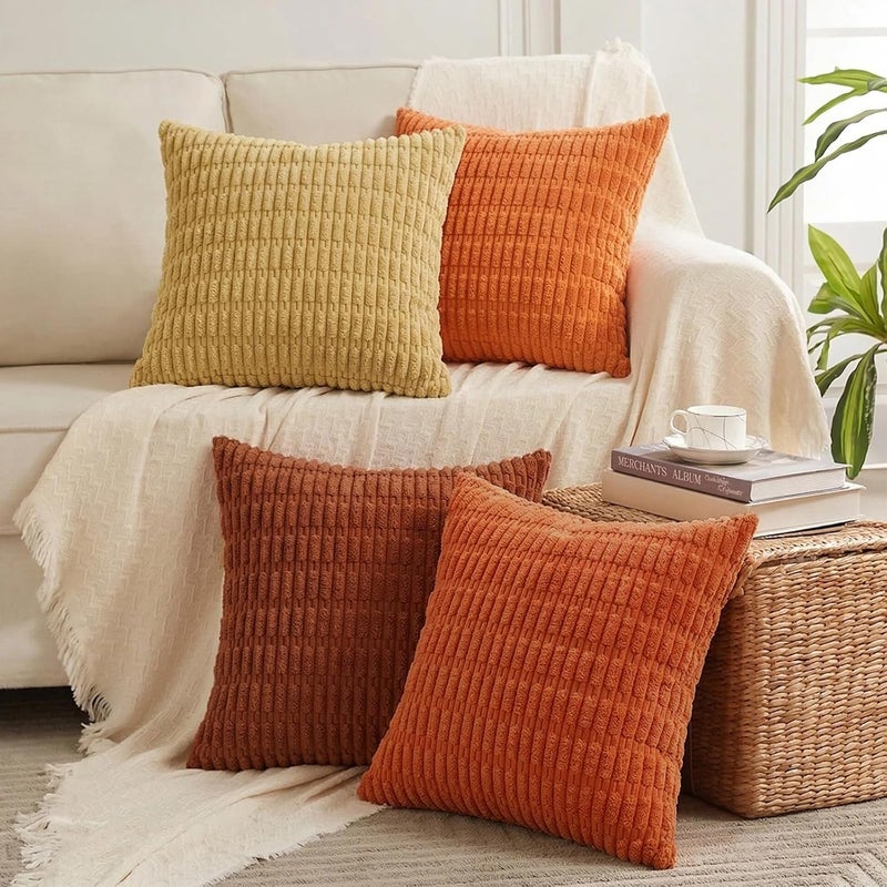 Fancy Homi Set of 4 Burnt Orange Fall Decorative Throw Pillow Covers 14x14 Inch for Couch Bed Chair, Modern Farmhouse Boho Room Decor, Soft Fuzzy Corduroy Textured Striped Cushion Case 35cm - Image 1