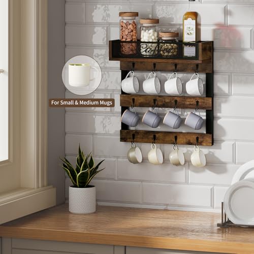 YINMIT Coffee Mug Holder with 12 Hooks, Coffee Cup Holder Wall Mounted with Top Shelf, Mug Organizer for Home Kitchen, Brown - Image 2