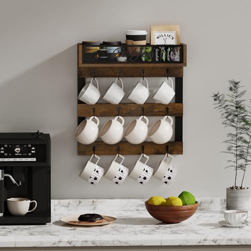 YINMIT Coffee Mug Holder with 12 Hooks, Coffee Cup Holder Wall Mounted with Top Shelf, Mug Organizer for Home Kitchen, Brown - Image 3