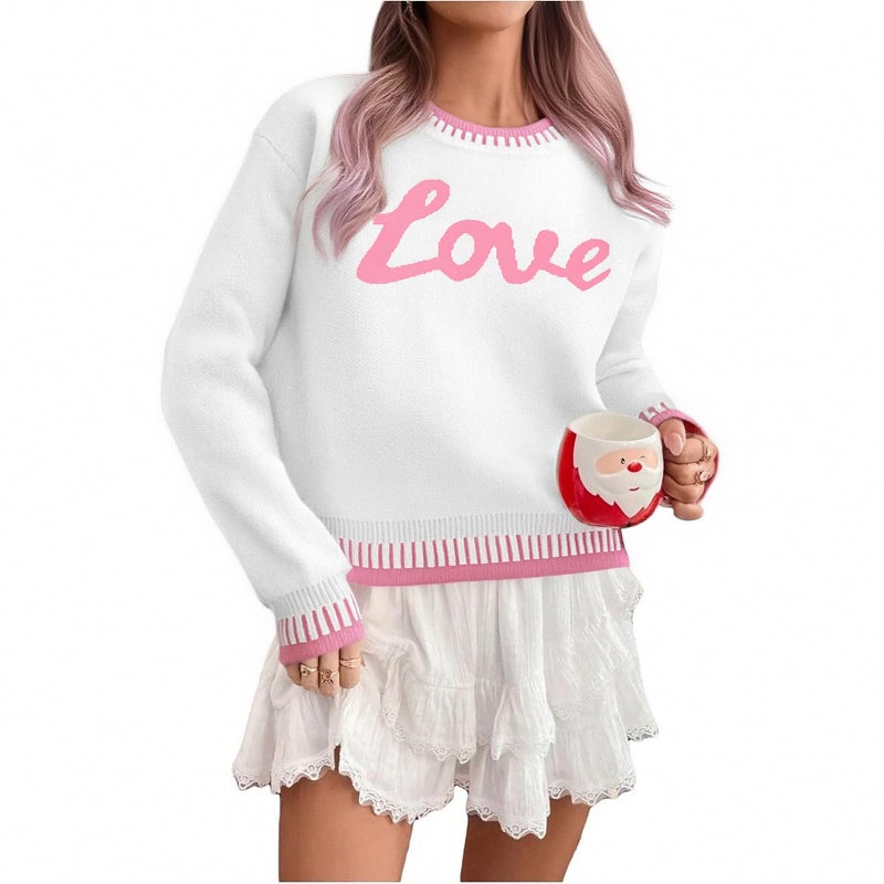 LUKYCILD Valentines Sweater Women Love Heart Sweatshirt Valentine Day Love Sweaters Cute Knitted Long Sleeve Pullover Tops White - Image 1