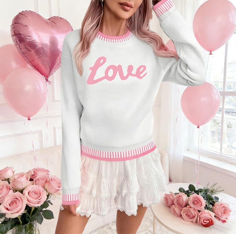 LUKYCILD Valentines Sweater Women Love Heart Sweatshirt Valentine Day Love Sweaters Cute Knitted Long Sleeve Pullover Tops White - Image 5