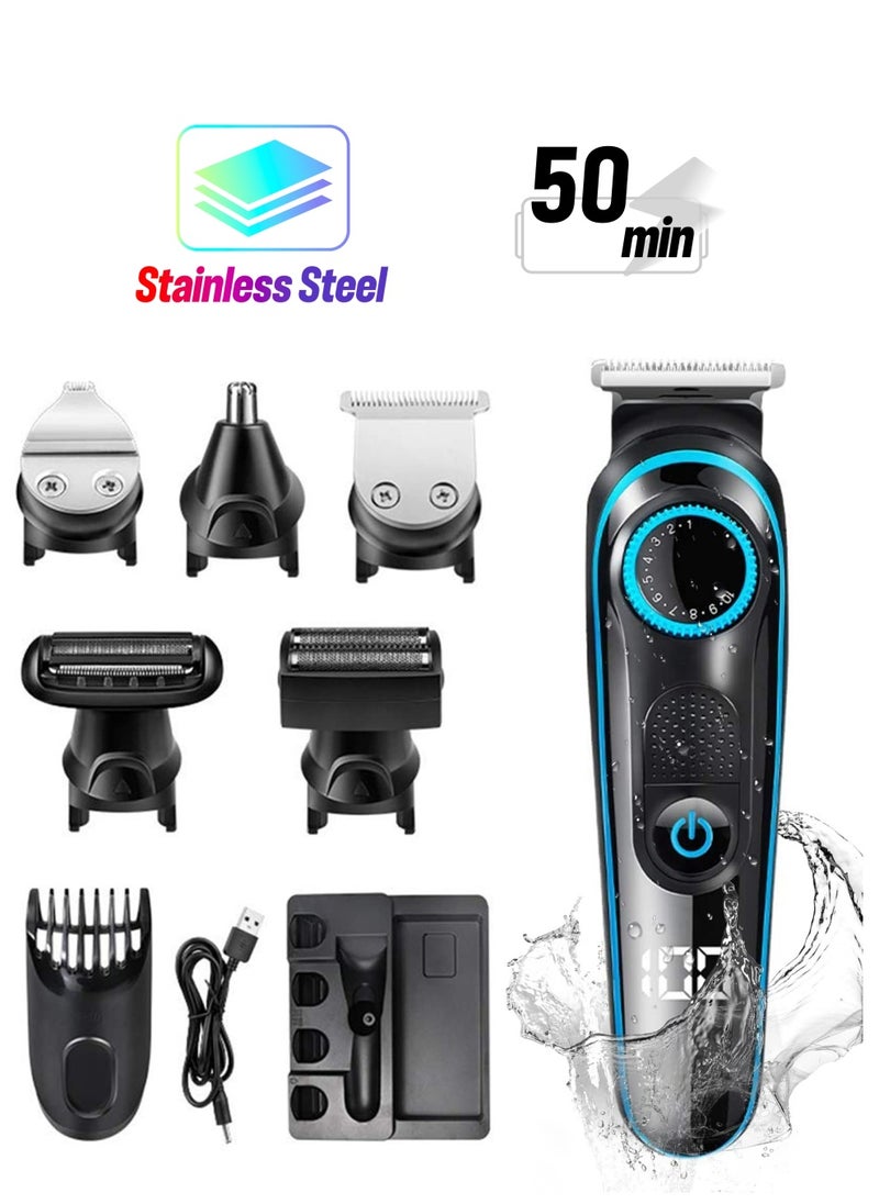 BIAOYA 5 in 1 Rechargeable USB Multi-function Shaver Trimmer Men's Beauty 5 Floating Nose Hair Trimmers Men's Facial Shaver Green Set Blue  - Image 1