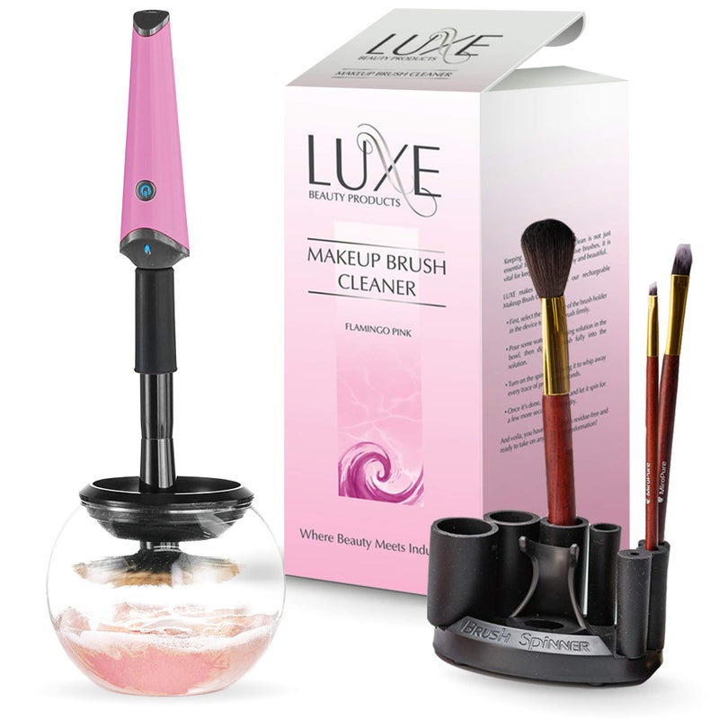 Luxe Electric Makeup Brush Cleaner Pink USB Charging Station 3 Adjustable Speeds Cleaner to Instantly Wash and Dry Your Makeup Brushes