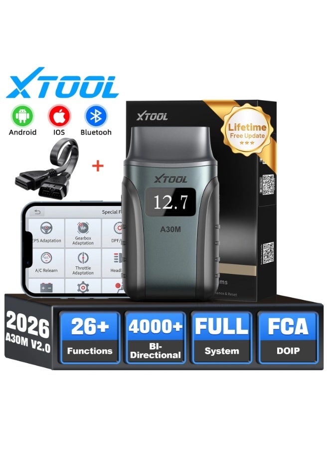 أداة اكس  جهاز فحص وتشخيص أعطال OBD2، XTOOL A30M V2.0، قارئ أكواد لاسلكي ثنائي الاتجاه بسعة 2026، إعادة ضبط 26، إعادة برمجة جميع الأنظمة، إعادة برمجة حساس عمود المرفق، إعادة برمجة فرامل الانتظار الإلكترونية، إعادة برمجة دواسة الوقود، تحديثات مجانية مدى الحياة، متوافق مع نظامي أندرويد وiOS - Image 1
