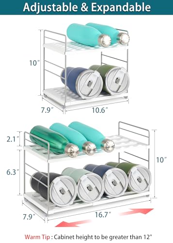 JUPELI Water Bottle Organizer For Cabinet, Adjustable Tumbler Storage, Expandable Water Bottle Holder For Kitchen Organization, 2 Tier Cup Organizer For Sports Flask Insulated Travel Mug Fridge, White - Image 2