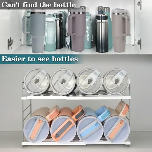 JUPELI Water Bottle Organizer For Cabinet, Adjustable Tumbler Storage, Expandable Water Bottle Holder For Kitchen Organization, 2 Tier Cup Organizer For Sports Flask Insulated Travel Mug Fridge, White - Image 5