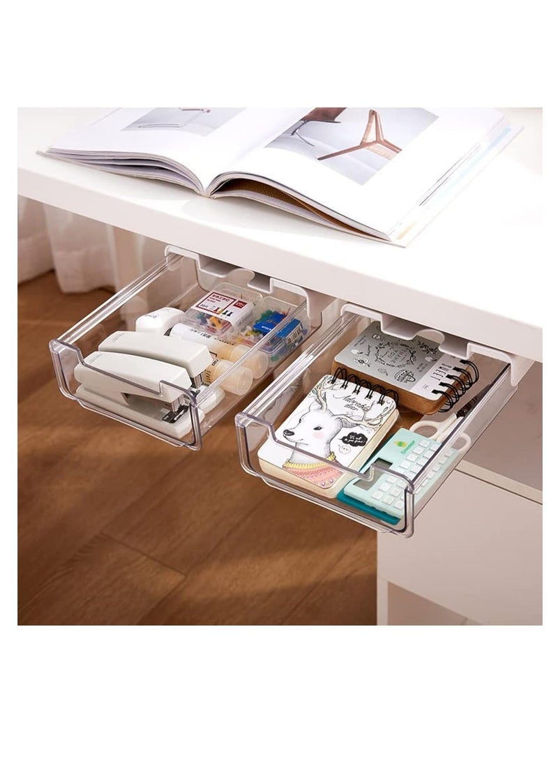 Self-adhesive Drawer Storage Organizer, 2Pcs Hidden Under Desk Drawer Organiser, Invisible Drawer Storage Box for School Students Office Stationery Supply (S+L) - Image 1