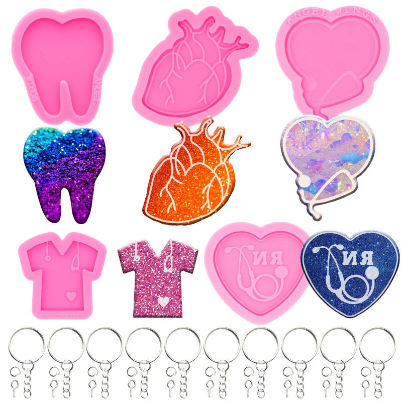 85Pcs Epoxy Resin Molds Kit Doctor Badge Reel Silicone Molds for Resin Epoxy Casting Molds with Hole Keychains Jump Ring and Screw Eye Pins for DIY Keychain Pendant Heart TShirt Tooth Badge Reel