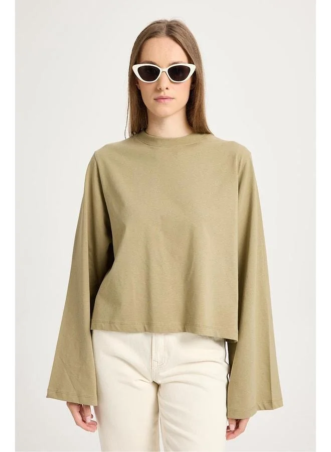 mina aise Crop Wide Sleeve Oversized Basic T‑shirt Khaki.