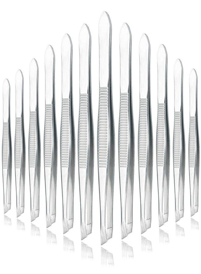AVTY Stainless Steel Tweezers - 12 Pieces Slant Tip Tweezers Set - Precision Facial Hair Tweezers - Comfort Grip Long Silver Tweezers for Ingrown Hair - Professional Eyebrow Tweezers for Men and Women - Image 1
