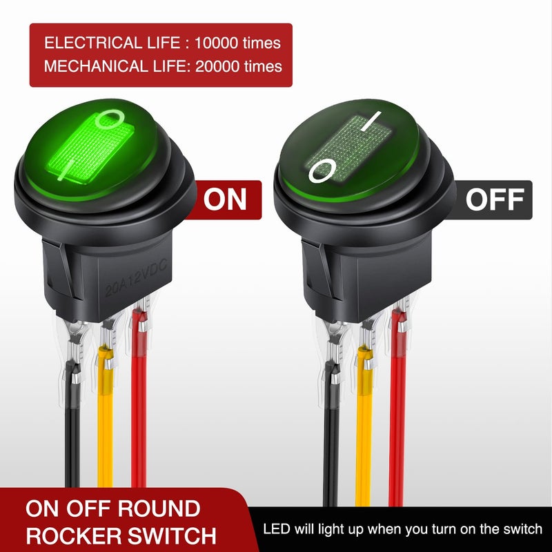 Nilight 5Pcs Waterproof Round Rocker Toggle Green LED Switch 12V 20A 3 Pin ON Off SPST for Car Truck Boat Marine Automotive RV with Locked Terminal Wires - Image 2