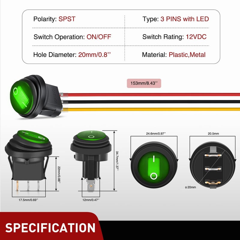 Nilight 5Pcs Waterproof Round Rocker Toggle Green LED Switch 12V 20A 3 Pin ON Off SPST for Car Truck Boat Marine Automotive RV with Locked Terminal Wires - Image 3