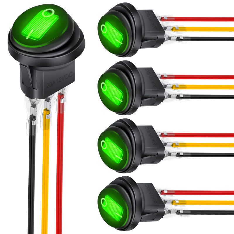 Nilight 5Pcs Waterproof Round Rocker Toggle Green LED Switch 12V 20A 3 Pin ON Off SPST for Car Truck Boat Marine Automotive RV with Locked Terminal Wires - Image 1