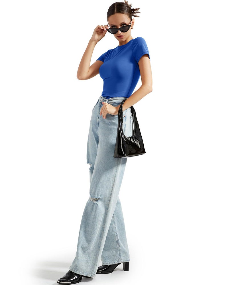 SUUKSESS Women Double Lined Fitted Basic Tee Shirts Crew Neck Short Sleeve Y2K Going Out Crop Tops (Sapphire, S) - Image 5