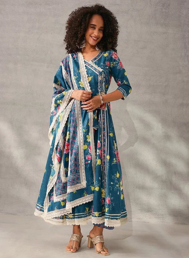 ISHIN Women's Teal Blue Cotton Self Designed Tunic Upper Full Length Palazzo Bottom Regular Fit 3 Piece Kurta Set