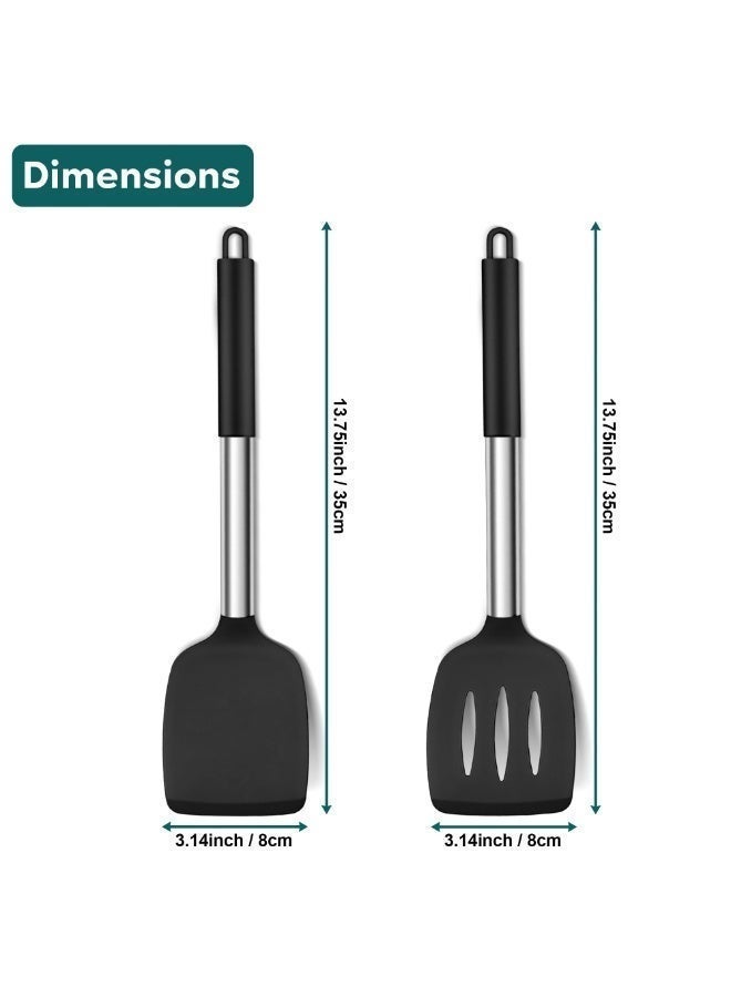 jaexest 2 Pack Silicone & Stainless Steel Spatula Set, Non-Stick Kitchen Slotted Turner, Heat Resistant Cooking Spatula for Fish, Eggs & Pancakes – Dishwasher Safe, Black - Image 2