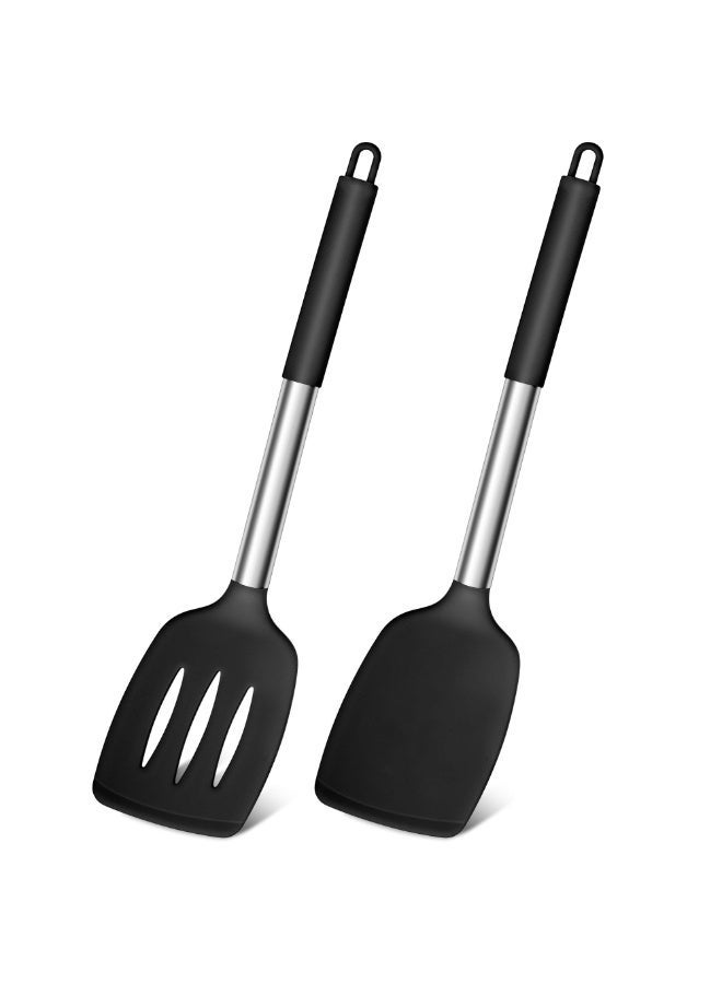 jaexest 2 Pack Silicone & Stainless Steel Spatula Set, Non-Stick Kitchen Slotted Turner, Heat Resistant Cooking Spatula for Fish, Eggs & Pancakes – Dishwasher Safe, Black - Image 1