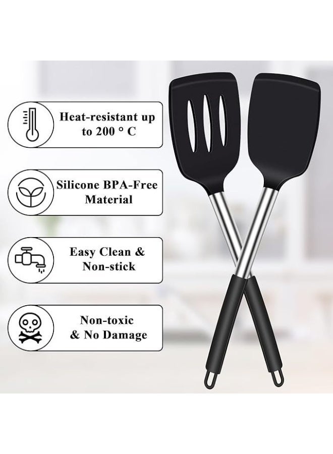 jaexest 2 Pack Silicone & Stainless Steel Spatula Set, Non-Stick Kitchen Slotted Turner, Heat Resistant Cooking Spatula for Fish, Eggs & Pancakes – Dishwasher Safe, Black - Image 3