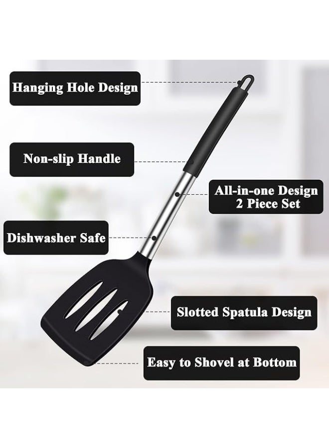 jaexest 2 Pack Silicone & Stainless Steel Spatula Set, Non-Stick Kitchen Slotted Turner, Heat Resistant Cooking Spatula for Fish, Eggs & Pancakes – Dishwasher Safe, Black - Image 4