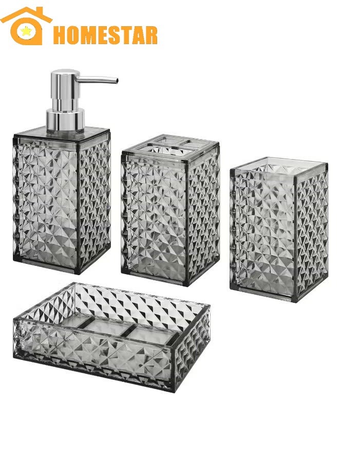 HOMESTAR 4 Pcs Bathroom Accessories Set, Square Plastic Diamond Bathroom Sets with Toothbrush Holder, Toothbrush Cup, Soap/Lotion Dispenser, Bohemian Modern Bathroom Decor, Grey - Image 1