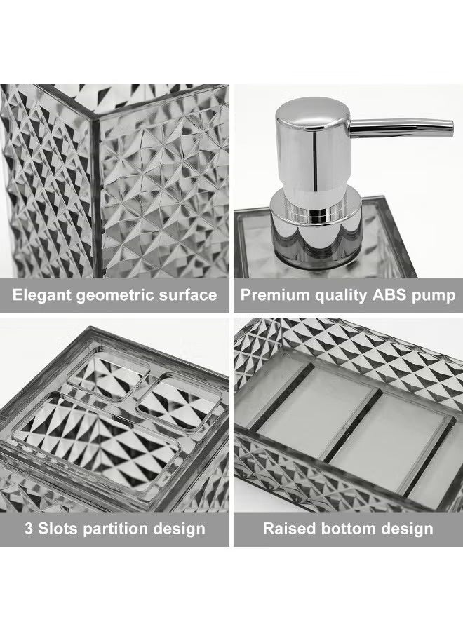 HOMESTAR 4 Pcs Bathroom Accessories Set, Square Plastic Diamond Bathroom Sets with Toothbrush Holder, Toothbrush Cup, Soap/Lotion Dispenser, Bohemian Modern Bathroom Decor, Grey - Image 3