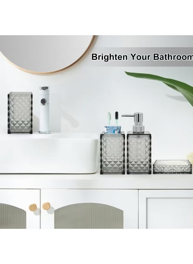 HOMESTAR 4 Pcs Bathroom Accessories Set, Square Plastic Diamond Bathroom Sets with Toothbrush Holder, Toothbrush Cup, Soap/Lotion Dispenser, Bohemian Modern Bathroom Decor, Grey - Image 4