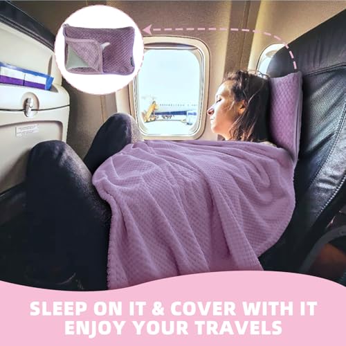 Nenolix 3 in 1 Travel Blanket Pillow Set 350 GSM Thick Travel Blanket Airplane Compact with Bag Soft Bag with a Pocket Inflatable Travel Pillow for Camping Car Trip Violet - Image 3