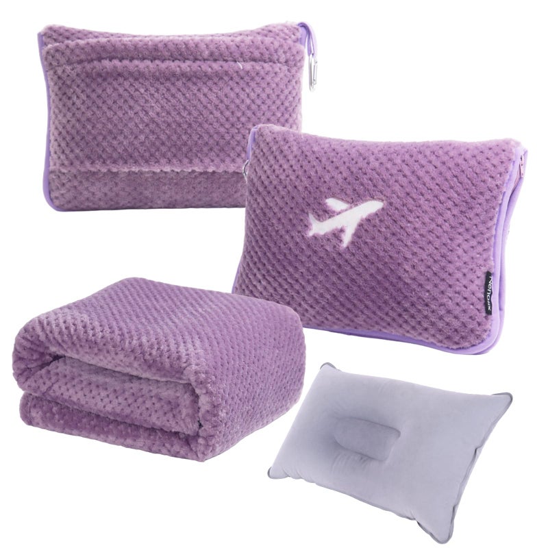 Nenolix 3 in 1 Travel Blanket Pillow Set 350 GSM Thick Travel Blanket Airplane Compact with Bag Soft Bag with a Pocket Inflatable Travel Pillow for Camping Car Trip Violet - Image 2