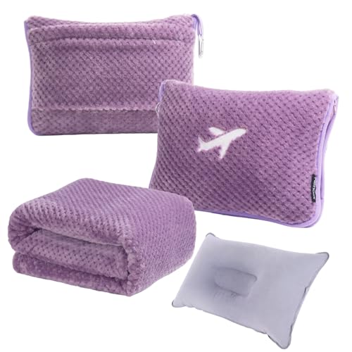 Nenolix 3 in 1 Travel Blanket Pillow Set 350 GSM Thick Travel Blanket Airplane Compact with Bag Soft Bag with a Pocket Inflatable Travel Pillow for Camping Car Trip Violet - Image 1