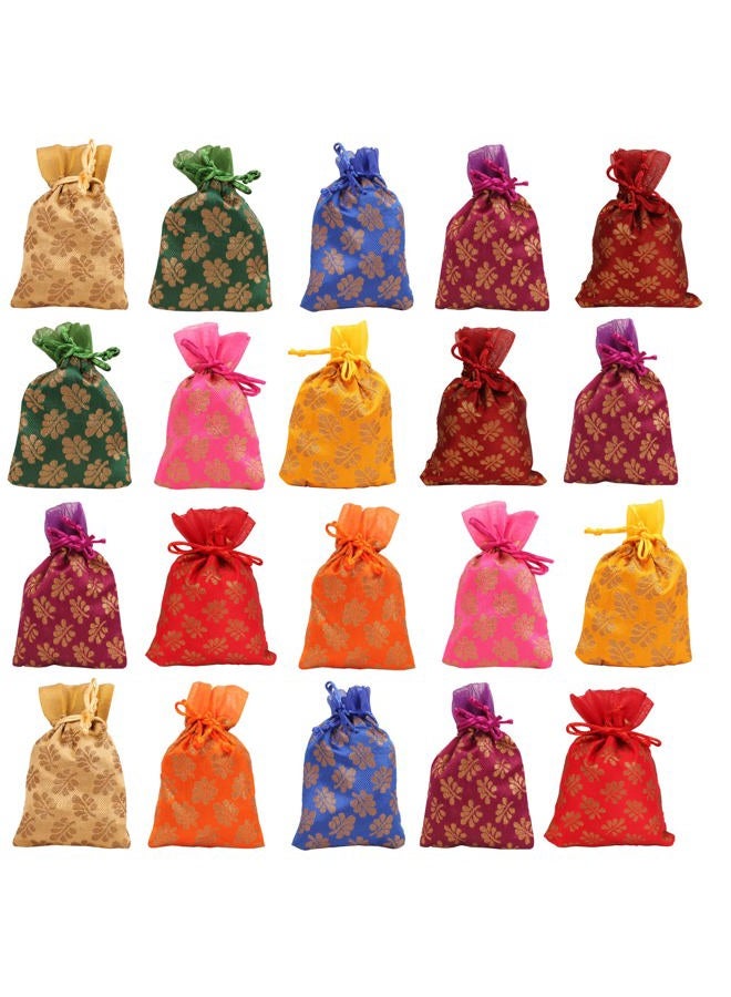 Touchstone Drawstring Bags Traditional Indian Handcrafted in Mimosa leaf Pattern Brocade fabric. Perfect for Gifts Jewelry Weddings Sweet Distribution Set of 20 Vibrant Multicolor Pouches Purses. - Image 1